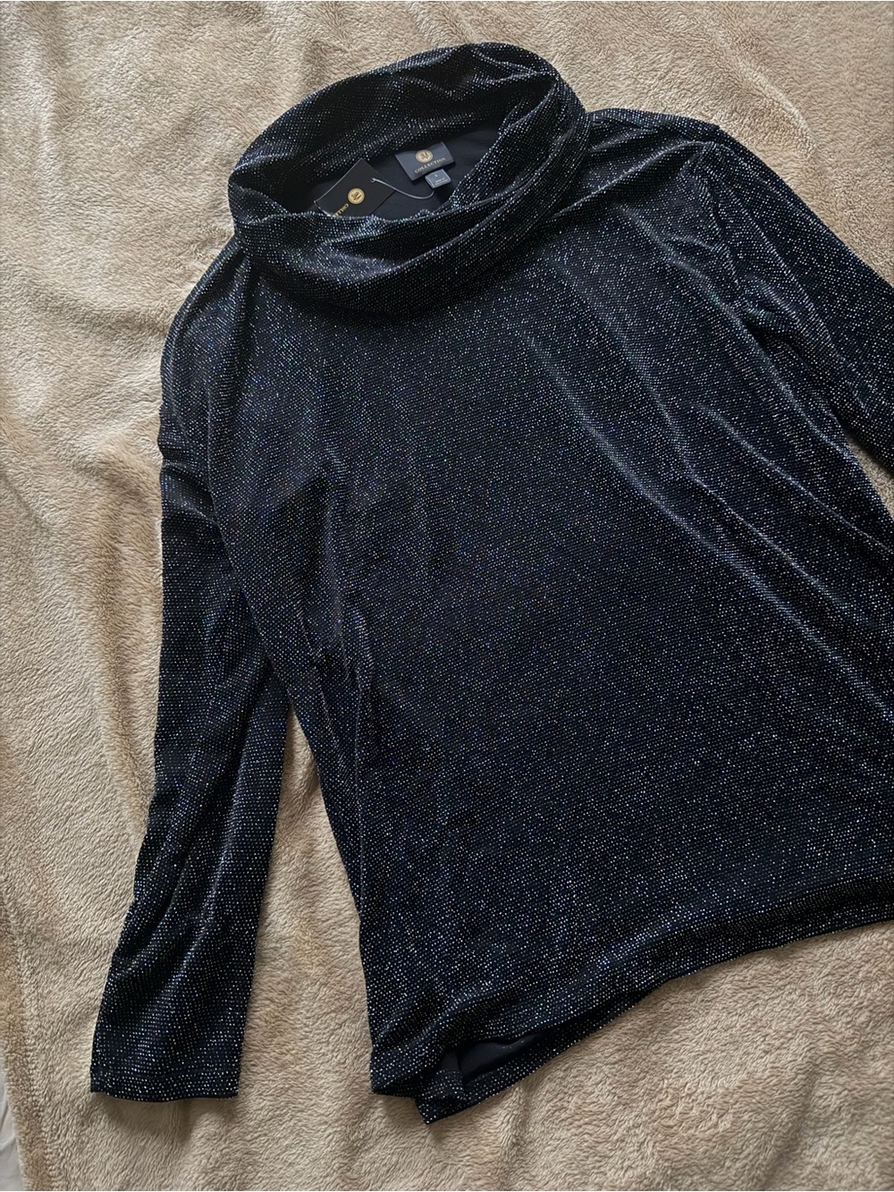 JM Collection Black Metallic Cowl Neck Top